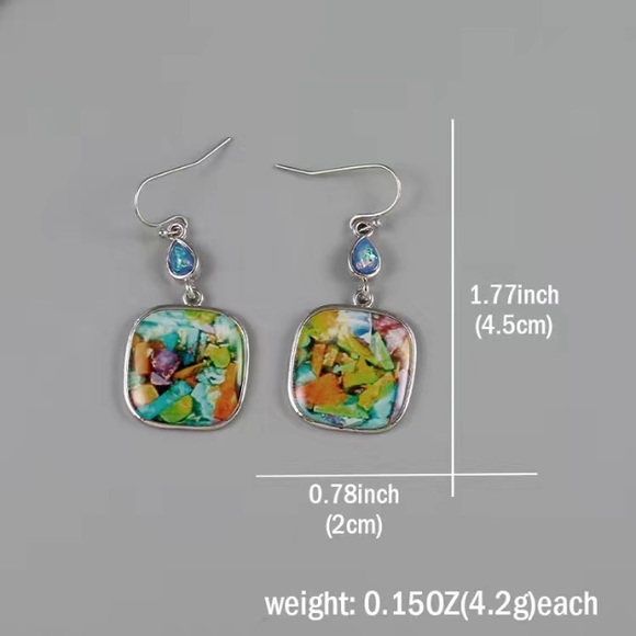 Dangle Square Bohemian Earrings Color Splash of Multiple Colors and Silver New - Picture 7 of 8